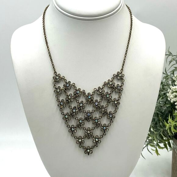 Vintage Antique Silver Chainmail Mesh Floral Rhinestone Bib Drape Necklace - Picture 1 of 9